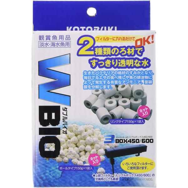 コトブキ工芸 ダブルバイオ 300g リングタイプとボールタイプのろ材が、 バクテリアのすみかとなり、有害なアンモニア等を分解します。 軽くすすぎ洗いを行ってからご使用ください。 フィルターろ過槽の水に浸かる流れのある所へそのまま設置ください。 ---対象--- 淡水・海水両用 外部フィルター、上部フィルター、外掛式フィルターなど ---原産国--- 中国 ---サイズ（約）--- リングタイプ：φ13×H13mm（穴φ6mm） ボールタイプ：φ7〜10mm ・リニューアルに伴い、商品パッケージ・内容が変更となっており、画像・内容と異なる場合がございます。 ・ご購入いただいたタイミングにより、お品切れの場合がございます。その場合は別途ご連絡させていただきます。