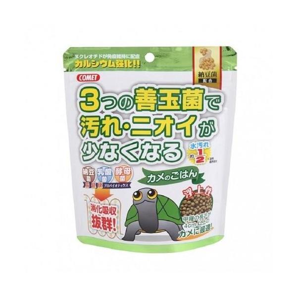 イトスイ コメット カメのごはん 納豆菌 150g ミドリガメ、ゼニガメなど水棲カメ用のごはんです。 納豆菌（バチルス菌の一種）がカメの腸内で 腸内細菌のバランスを整えてくれるプロバイオティクス効果があります。 消化吸収を助け排泄物の分解力も向上し、水の汚れや嫌なニオイを軽減します。 カルシウム豊富なエビミール、健康に育つ各種ビタミンも配合している 栄養満点のごはんですので、これだけで飼育できます。 顆粒、浮上性、粒サイズ約3〜4mm。 ---対象--- 水棲カメ（甲長4cm以上） ---原産国--- 台湾 ---原材料--- フィッシュミール、小麦粉、雑穀蒸留粕、大豆ミール、フィッシュオイル、オキアミミール、黒糖酵母粉、ヌクレオチド、納豆菌、各種ビタミン、各種ミネラル ---成分--- 粗タンパク質：32％以上、粗脂肪：3％以上、粗繊維：4％以下、粗灰分：10％以下、水分：10％以下 ・リニューアルに伴い、商品パッケージ・内容が変更となっており、画像・内容と異なる場合がございます。 ・ご購入いただいたタイミングにより、お品切れの場合がございます。その場合は別途ご連絡させていただきます。