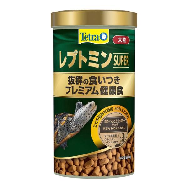 スペクトラムブランズジャパン テトラ レプトミンスーパー 大粒 260g 天然エビを贅沢に配合したプレミアムな、甲長10cm以上のカメ用大粒フードです。 食物繊維を豊富に含む高品質な原材料で、スムーズな消化と栄養吸収を促し、「カメの健康な成長」をサポート。 オリゴ糖含有の酵母菌を配合することでカメの腸内に住んでいる善玉菌の増殖を助け、消化吸収をサポートし、水汚れも抑えます。 ---対象--- すべての水棲カメ（甲長10cm以上） ---原産国--- ドイツ ---原材料--- シュリンプミール、クリル、甲殻類、植物性蛋白質、野菜類、フィッシュミール、酵母、油脂、ミネラル類（Ca、P、Mg、Zn、Fe）、ビタミン類（A、D3）、クエン酸 ---成分--- 粗蛋白質52.0％以上、粗脂肪7.0％以上、粗繊維4.0％以下、粗灰分12.0％以下、水分9.0％以下 ・リニューアルに伴い、商品パッケージ・内容が変更となっており、画像・内容と異なる場合がございます。 ・ご購入いただいたタイミングにより、お品切れの場合がございます。その場合は別途ご連絡させていただきます。