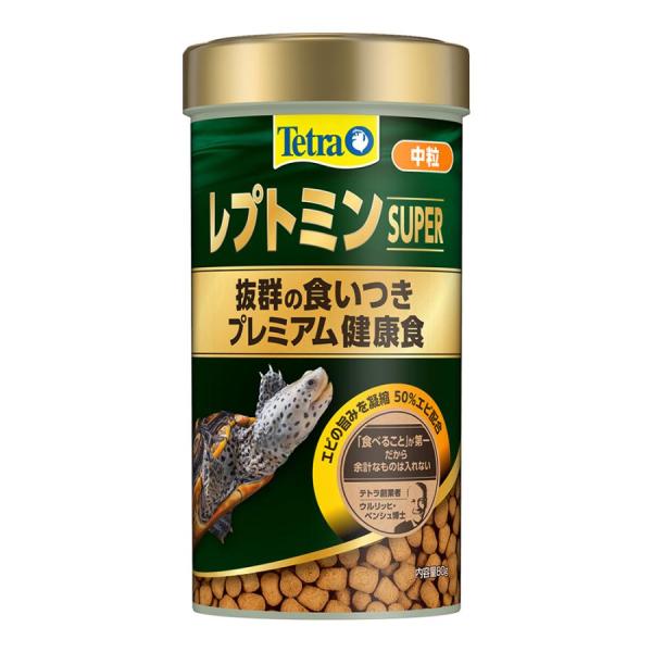 スペクトラムブランズジャパン テトラ レプトミンスーパー 中粒 80g 天然エビを贅沢に配合したプレミアムな、甲長5〜10cmのカメ用中粒フードです。 食物繊維を豊富に含む高品質な原材料で、スムーズな消化と栄養吸収を促し、「カメの健康な成長」をサポート。 オリゴ糖含有の酵母菌を配合することでカメの腸内に住んでいる善玉菌の増殖を助け、消化吸収をサポートし、水汚れも抑えます。 ---対象--- すべての水棲カメ（甲長5〜10cm未満） ---原産国--- ドイツ ---原材料--- シュリンプミール、クリル、甲殻類、植物性蛋白質、野菜類、フィッシュミール、酵母、油脂、ミネラル類（Ca、P、Mg、Zn、Fe）、ビタミン類（A、D3）、クエン酸 ---成分--- 粗蛋白質：52．0％以上、粗脂肪：7．0％以上、粗繊維：4．0％以下、粗灰分：12．0％以下、水分：9．0％以下 ・リニューアルに伴い、商品パッケージ・内容が変更となっており、画像・内容と異なる場合がございます。 ・ご購入いただいたタイミングにより、お品切れの場合がございます。その場合は別途ご連絡させていただきます。
