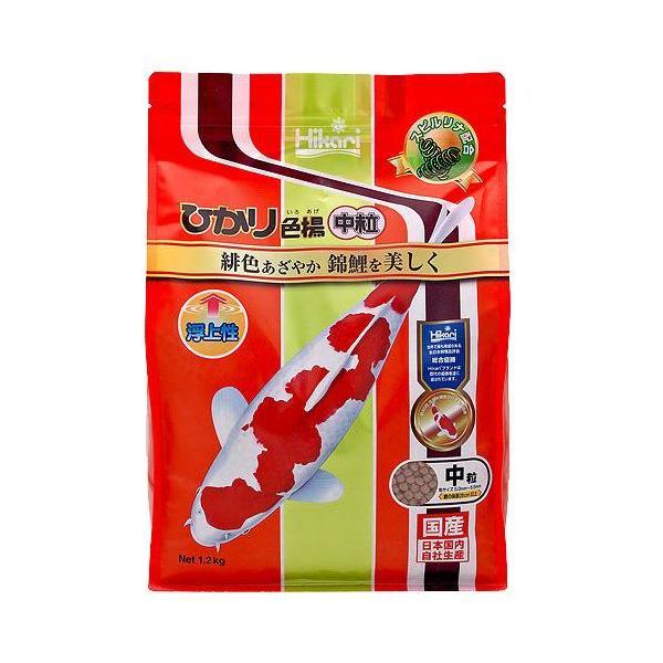 キョーリン ひかり色揚 中粒 1.2kg 錦鯉の緋色を鮮やかにするスピルリナを配合。 錦鯉の白地を美しく保ちながら色揚げ効果を発揮します。 原料のバランスを緻密に調整して配合した錦鯉の完全栄養食です。 一般的な錦鯉飼料に比べ栄養価が高く、よく成長する飼料です。 小粒は体長約10cm以上、中粒は体長約20cm以上の錦鯉に適しています。 ---原産国--- 日本 ---原材料--- 小麦粉、大豆ミール、フィッシュミール、米ぬか、グルテンミール、ビール酵母、スピルリナ、魚油、ガーリック、海藻粉末、オキアミミール、ビタミン類(塩化コリン,E,C,B5,B2,A,B1,B6,B3,葉酸,D3,ビオチン)、ミネラル類(P,食塩,Fe,Mg,Zn,Mn,Cu,I)、食用色素（赤3,黄4) ---成分--- 蛋白質:35%以上、脂質:3.0%以上、粗繊維:5.0%以下、水分:10%以下、灰分:13%以下、りん:1.0%以上 ・リニューアルに伴い、商品パッケージ・内容が変更となっており、画像・内容と異なる場合がございます。 ・ご購入いただいたタイミングにより、お品切れの場合がございます。その場合は別途ご連絡させていただきます。