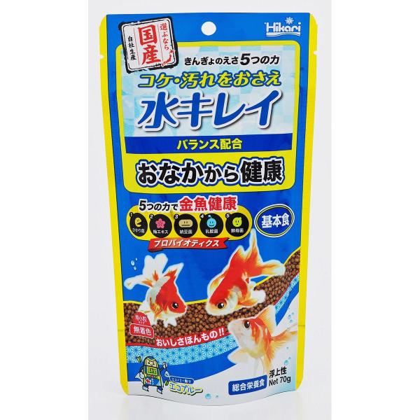 キョーリン きんぎょのえさ 5つの力 基本食 70g お祭りで手に入れた金魚を飼育するのに最適な配合を考えました！ シリーズ中最も経済的なエントリーモデル。 5つの有効成分で金魚を健康に育てます。初めての金魚飼育でも安心。金魚を健康に長生きさせる配合設計です。 ---原産国--- 日本 ---原材料--- 小麦粉、フィッシュミール、大豆ミール、かしこ、とうもろこし、小麦胚芽、植物油、ビール酵母、海藻粉末、梅エキス、生菌剤、納豆菌・乳酸菌・酵母菌発酵抽出物、ビタミン類（塩化コリン、E、C、イノシトール、B5、B2、A、B1、B6、B3、葉酸、D3、ビオチン）、ミネラル類（P、食塩、Fe、Mg、Zn、Mn、Cu、I） ---成分--- 蛋白質：32％以上、脂質：4．0％以上、粗繊維：3．0％以下、灰分：12％以下、水分：10％以下、りん：1．0％以上 ・リニューアルに伴い、商品パッケージ・内容が変更となっており、画像・内容と異なる場合がございます。 ・ご購入いただいたタイミングにより、お品切れの場合がございます。その場合は別途ご連絡させていただきます。