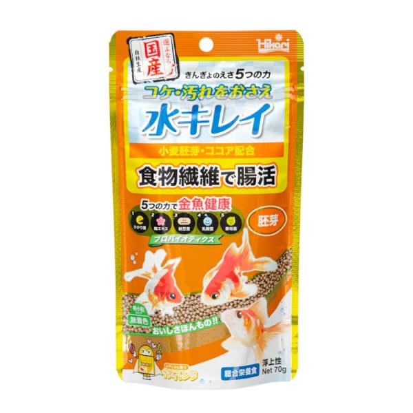 キョーリン きんぎょのえさ 5つの力 胚芽 70g 食物繊維豊富な小麦胚芽、ココア配合。腸の働きが弱まった時、排便を促し腸をきれいにする効果が期待できる、 5つの有効成分で金魚を健康に育てます。小麦胚芽を配合し、低水温時や体調不良時の腸の働きをサポート。 顆粒、浮上性、特小粒タイプ（1．7〜2．0mm） ---対象--- 金魚（体長：約4cm以上） ---原産国--- 日本 ---成分--- 蛋白質:32％以上、脂質:4.0％以上、粗繊維:5.0％以下、灰分:12％以下、水分:10％以下、りん:0.7％以上 ・リニューアルに伴い、商品パッケージ・内容が変更となっており、画像・内容と異なる場合がございます。 ・ご購入いただいたタイミングにより、お品切れの場合がございます。その場合は別途ご連絡させていただきます。 ---原材料--- 小麦粉、フィッシュミール、大豆ミール、かしこ、小麦胚芽、とうもろこし、粉末セルロース、アルファルファミール、植物油、ビール酵母、海藻粉末、ココアパウダー、梅エキス、生菌剤、納豆菌・乳酸菌・酵母菌発酵抽出物、ビタミン類（塩化コリン、E、C、イノシトール、B5、B2、A、B1、B6、B3、葉酸、D3、ビオチン）、ミネラル類（P、食塩、Fe、Mg、Zn、Mn、Cu、I）