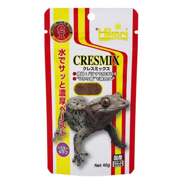 キョーリン クレスミックス 40g 昆虫・果実食ヤモリの総合栄養食です。 クレステッドゲッコーをはじめ、ガーゴイルゲッコーや ヒルヤモリ等にも最適な栄養をバランスよくミックスしました。 --対象-- 昆虫・果実食ヤモリ（クレステッドゲッコー、ガーゴイルゲッコーやヒルヤモリ等） --原産国-- 日本 --原材料-- バナナ、コオロギミール、ショ糖、植物油、粘結剤（キサンタンガム）、ビール酵母、炭酸カルシウム、海藻粉末、生菌剤、アップルミール、洋ナシ、ストロベリー、マンゴー、ライチ、キウイ、ブルーベリー、クランベリー、ラズベリー、ビタミン類（塩化コリン、E、C、B5、B2、A、B1、B6、B3、葉酸、D3、ビオチン）、ミネラル類（CacP、Fe、Mg、Zn、Mn、Cu、I） --成分-- 蛋白質20.0％以上、脂質5.0％以上、粗繊維6.0％以下、水分10％以下、灰分8.0％以下、リン0.2％以上 ・リニューアルに伴い、商品パッケージ・内容が変更となる場合があり、画像・内容と異なる場合がございます。 ・ご購入のタイミングにより、品切れとなる場合がございます。その際は別途ご連絡させていただきます。