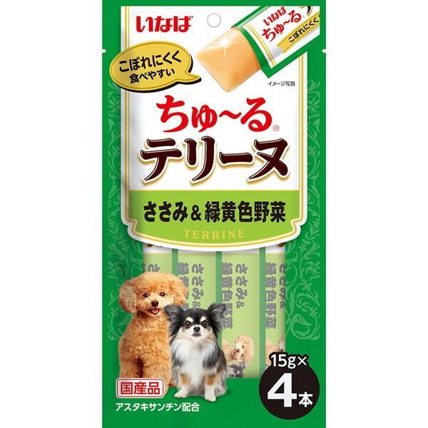 いなばペットフード ちゅ〜るテリーヌ ささみ＆緑黄色野菜 15g×4本 こぼれにくく食べやすい♪ ちゅ〜るを噛んで食べられるテリーヌタイプに仕上げました。 テリーヌならではの硬い食感で、噛んで食べられる形状です。 高級感あふれるグルメなおやつとして特別なひと時をお楽しみいただけます。 ---原産国--- 日本 ---原材料--- 鶏肉（ささみ）、トウモロコシ粉、鶏脂、野菜類（人参、かぼちゃ、いんげん）、チキンエキスパウダー、酵母エキス、加工でん粉、ビタミンE、ヘマトコッカス藻色素（アスタキサンチン含有） ---成分--- たんぱく質4.5％以上、脂質2.0％以上、粗繊維0.1％以下、灰分0.4％以下、水分81.5％以下 エネルギー約14kcal/本 ・リニューアルに伴い、商品パッケージ・内容が変更となっており、画像・内容と異なる場合がございます。 ・ご購入いただいたタイミングにより、お品切れの場合がございます。その場合は別途ご連絡させていただきます。