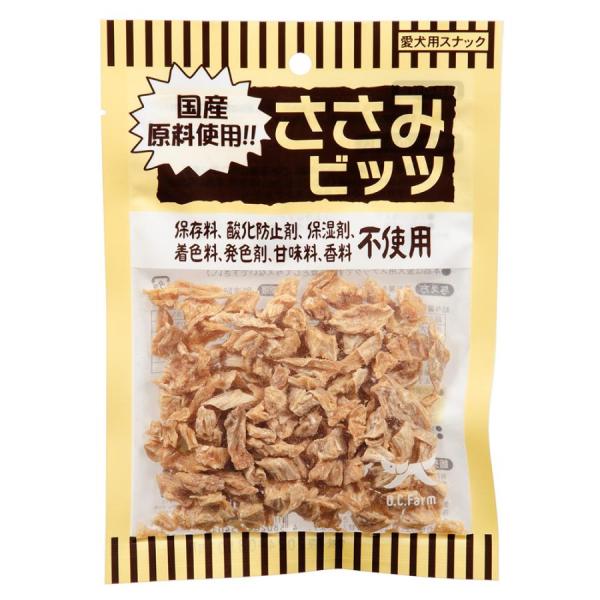 オーシーファーム ささみビッツ 45g 国産鶏ささみを使用した犬用おやつです。 小粒なので小型犬やシニア犬でも食べやすいです。 保存料、酸化防止剤、保湿剤、着色料、発色剤、甘味料、香料不使用です。 ---原産国--- 日本 ---原材料--- 鶏ささみ ---成分--- 粗たん白質：67.8％以上、粗脂肪：4.0％以上、粗灰分：5.4％以下、粗繊維：0.1％以下、水分：20.0％以下 エネルギー：385kcal ・リニューアルに伴い、商品パッケージ・内容が変更となっており、画像・内容と異なる場合がございます。 ・ご購入いただいたタイミングにより、お品切れの場合がございます。その場合は別途ご連絡させていただきます。