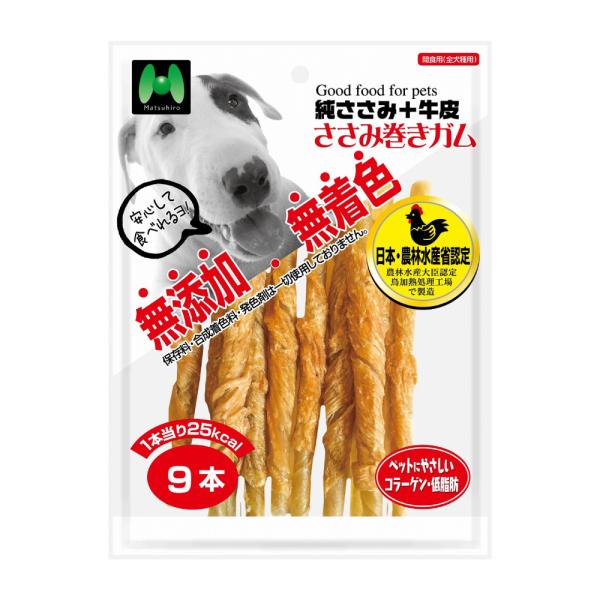 マツヒロ ささみ巻きガム 9本 牛皮にささみを巻いた、無添加、無着色ガム。 純ささみ+牛皮、ペットにやさしいコラーゲン、低脂肪。 日本・農林水産省認定 鳥加熱処理工場で製造。 保存料・合成着色料・発色剤は一切使用しておりません。 ---原材料--- 牛皮、鶏ささみ ---成分--- 粗たん白質 63.0%以上、粗脂肪 1.0%以上、粗繊維 0.2%以下、粗灰分 3.0%以下、水分 18.0%以下 エネルギー：約278kcal/100g ・リニューアルに伴い、商品パッケージ・内容が変更となっており、画像・内容と異なる場合がございます。 ・ご購入いただいたタイミングにより、お品切れの場合がございます。その場合は別途ご連絡させていただきます。