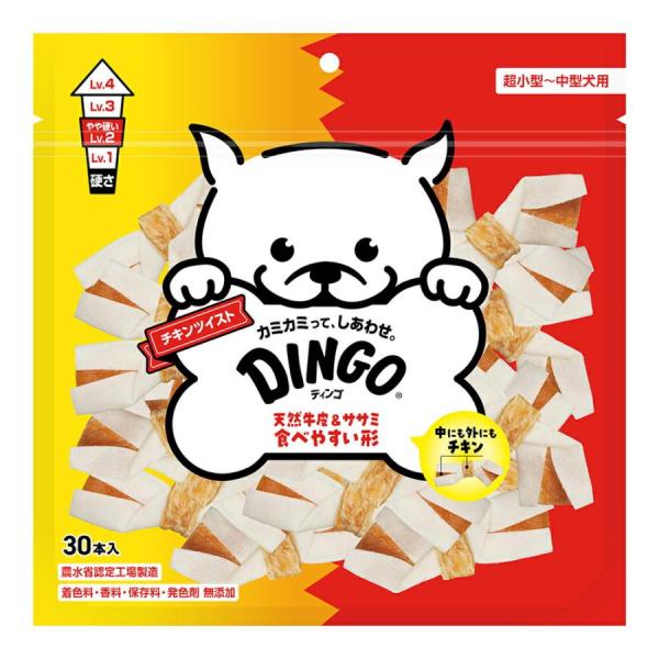 スペクトラムブランズジャパン DINGO チキンツイスト 30本入 チキンをリボンの内側にも外側にも巻いている愛犬満足の、平べったくて食べやすいリボン型ガムです。 天然牛皮は牛皮の強力な繊維がそのまま残っているから長持ちで さらに、噛んでいるうちに口の中の水分で柔らかくなっていくから硬すぎない硬さになります。 よく噛むことで、愛犬のストレス発散や、歯垢の除去に役立ちます。 着色料、香料、発色剤、不使用です。硬さレベル：2（やや硬い）。 --対象-- 超小型犬〜中型犬 --原産国-- 中国 --原材料-- 牛皮、鶏ササミ、米澱粉、オリゴ糖、食塩、乳化剤 --成分-- 粗タンパク質75％以上、粗脂肪0．5％以上、粗繊維3％以下、粗灰分4％以下、水分16％以下 カロリー319kcal／100g ・リニューアルに伴い、商品パッケージ・内容が変更となる場合があり、画像・内容と異なる場合がございます。 ・ご購入のタイミングにより、品切れとなる場合がございます。その際は別途ご連絡させていただきます。