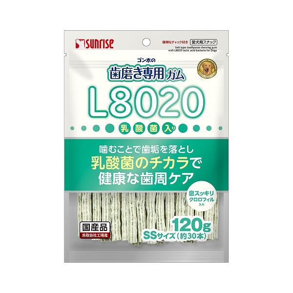 マルカンサンライズ ゴン太の歯磨き専用ガムSSサイズ L8020乳酸菌入り クロロフィル入り 120g 小型犬にも噛みやすい弾力のあるセミハードタイプのクロロフィル入り歯磨きガムです。 噛むことで歯垢を落とし、L8020乳酸菌のチカラで健康な歯周の維持をサポートします。 ---原産国--- 日本 ---原材料--- 肉類（コラーゲン等）、でん粉類、食物繊維、油脂類、藻類（クロレラ等）、発酵乳粉末（L8020乳酸菌）、増粘安定剤（加工デンプン、グリセリン）、着色料（二酸化チタン、黄4、青1）、保存料（ソルビン酸カリウム）、酸化防止剤（ミックストコフェロール、ローズマリー抽出物） ---成分--- たん白質：16．0％以上、脂質：0．8％以上、粗繊維：4．5％以下、灰分：3．0％以下、水分：30．0％以下 エネルギー：約275kcal/100g ・リニューアルに伴い、商品パッケージ・内容が変更となっており、画像・内容と異なる場合がございます。 ・ご購入いただいたタイミングにより、お品切れの場合がございます。その場合は別途ご連絡させていただきます。