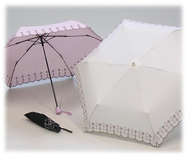 【レディース晴雨兼用折りたたみ傘　パラソル】裾刺繍50cm×6駒 簡単開閉3段ミニ折...