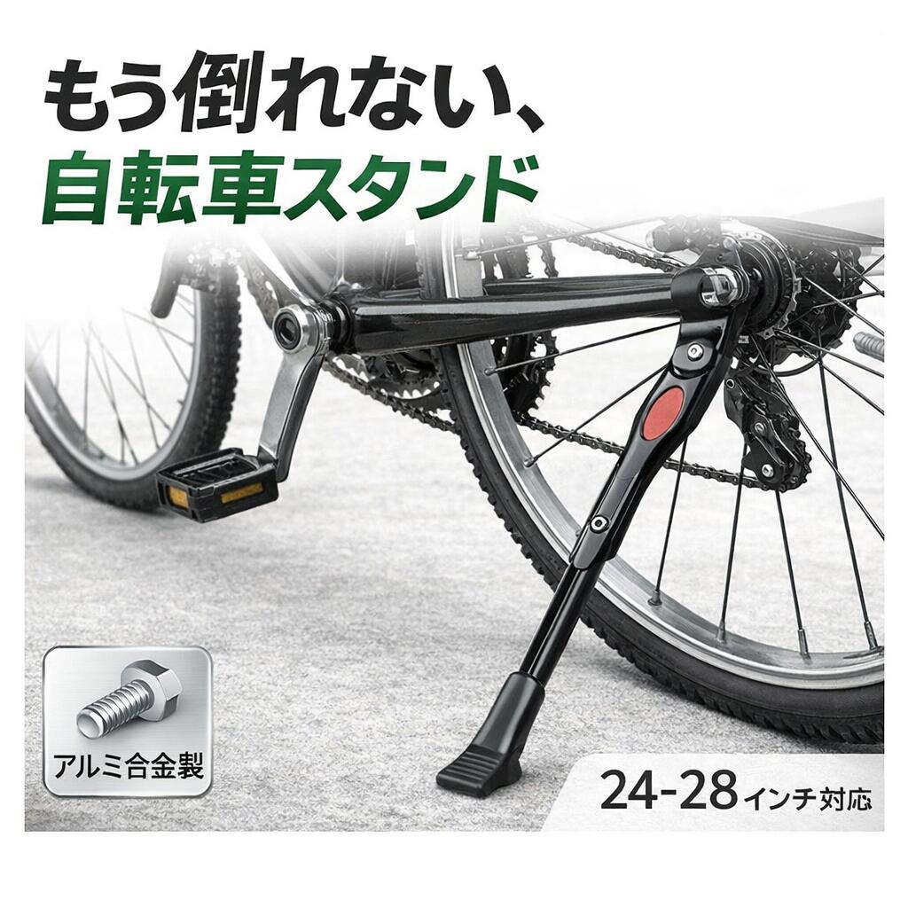 【2/19-23 全品5倍！】自転車 キックスタンド 黒 24-28インチ ロード クロス マウンテン サイド アルミ 合金 調節 滑り止め MTB 汎用 ママチャリ 簡単取り付け