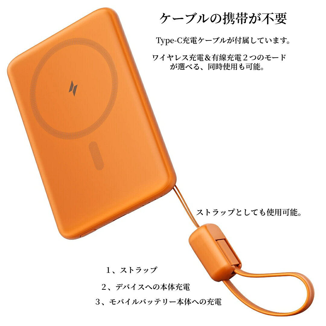 モバイルバッテリー MagSafe タイプC 急速充電 9mm超薄型 5000mAh ワイヤレス充電...