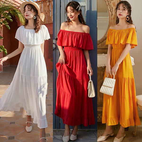 Rakuten - 小柄 リゾートワンピース 結婚式 ハワイ ワンピース 無地 夏 リゾート 白ワンピース 夏ワンピース オフショルダー ハワイアン 大人可愛い ロング リゾートワンピ 赤 マキシワンピ 沖縄