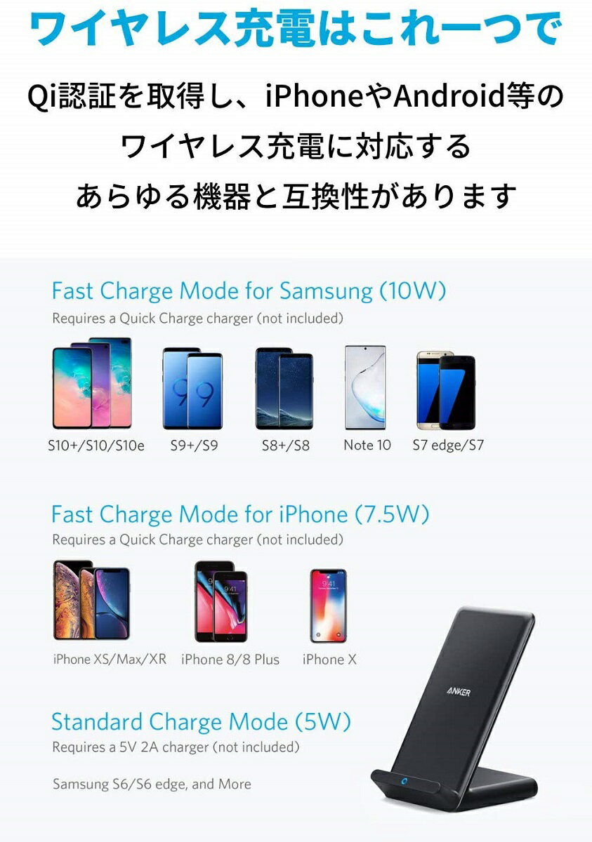 Anker PowerWave 10 Stand ワイヤレス充電器 Qi認証 iPhone 13 / 13 Pro Galaxy 各種対応 最大10W出力 (ブラック・ホワイト)