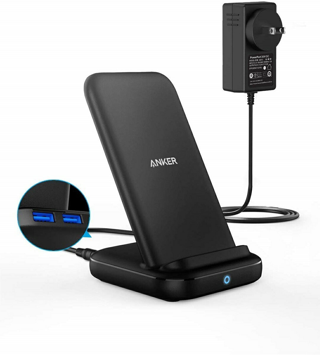 Anker PowerWave 10 Stand with 2 USB-A Ports, ワイヤレス充電器 Qi 認証 iPhone 11 / 11 Pro / 11 Pro Max/XR/X / 8 / 8 Plus Samsung Galaxy 対応 5W & 7.5W & 10W 出力 置くだけ充電 ACアダプター付属 ブラック