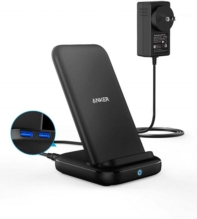 Anker PowerWave 10 Stand with 2 USB-A Ports, ワイヤレス充電器 Qi 認証 iPhone 11 / 11 Pro / 11 Pro Max/XR/X / 8 / 8 Plus Samsung Galaxy 対応 5W & 7.5W & 10W 出力 置くだけ充電 ACアダプター付属 ブラック