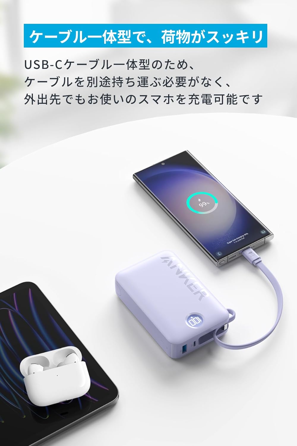 Anker Power Bank (22.5W, Built-In USB-C Cable) (モバイルバッテリー 20000mAh 22.5W出力 大容量 LEDディスプレイ搭載 USB-Cケーブル内蔵)【USB PD/PowerIQ搭載/PSE技術基準適合】iPhone 15 Android iPad その他各種機器対応 3