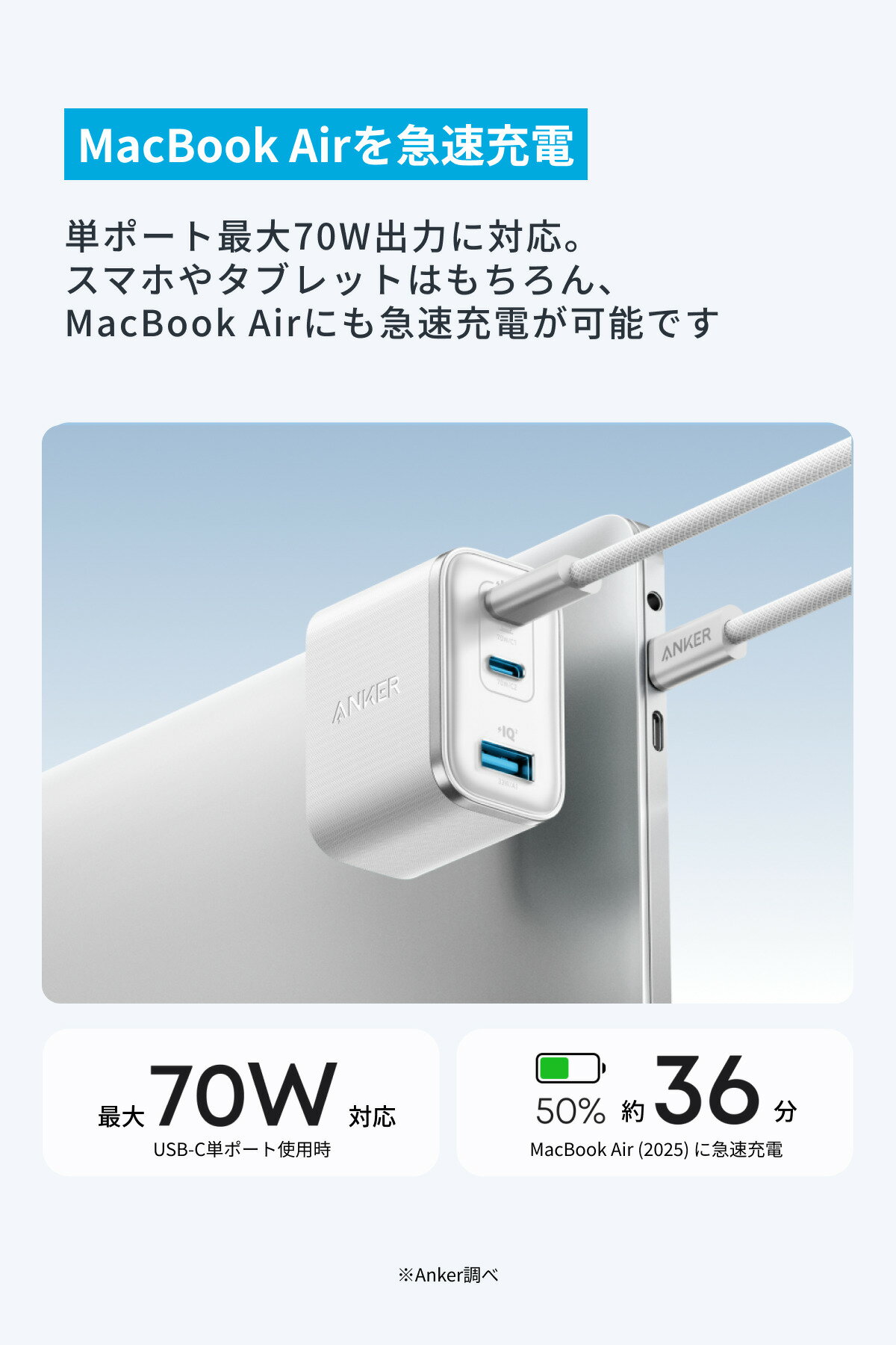 【期間限定セール実施中 5/16まで】Anker Nano Charger (70W, 3 Ports) 【 PD対応 / PSE技術基準適合 / 折りたたみ式プラグ】MacBook Windows PC iPad iPhone16シリーズ Galaxy Android スマートフォン ノートPC 各種 その他機器対応 2