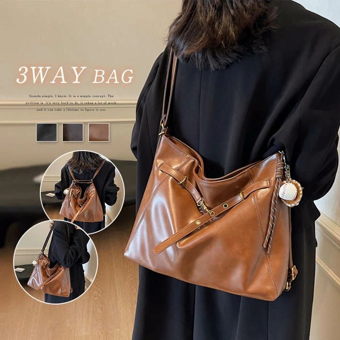 乐天商城 - 3wayバッグ トートバッグ リュック ショルダーバッグ 2way 3way バッグ レディース 大容量 肩掛け 斜めがけ フェイクレザー おしゃれ ファスナー付き カバン 鞄 通勤 通学 シンプル カジュアル 大人 可愛い お出かけ ブラック 送料無料