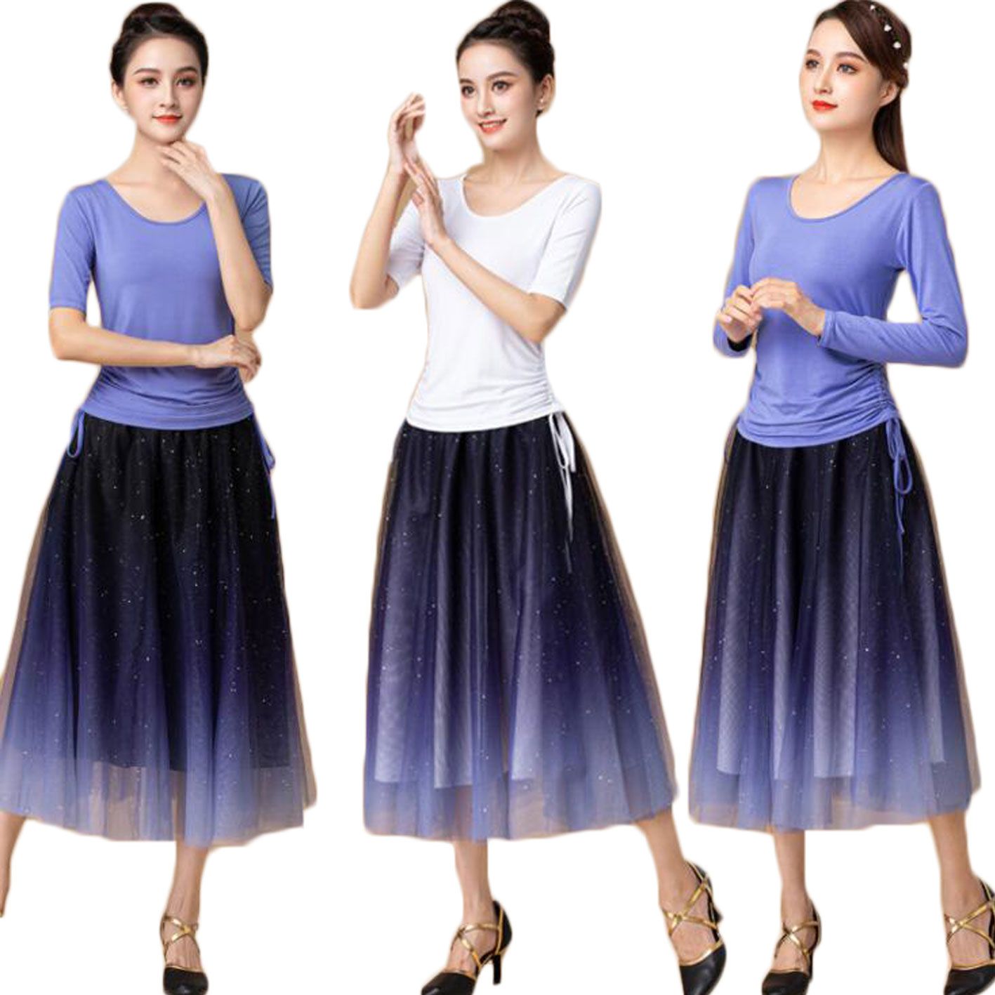 ダンス衣装セット 社交ダンスウェア 長袖/五分袖/半袖 ダンストップス 星柄スカート 団服 大きいサイズ..