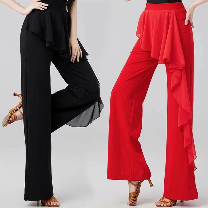 ダンスパンツ 社交ダンス パンツ ワイドパンツ レディース モダン ラテンダンス 社交ダンスパンツ ロング 長ズボン ワイドパンツ ダンス 衣装 フリル 美脚パンツ 演出服 着痩せ ストレッチパンツ 赤 黒 社交ダンス衣装 レッスン着 練習着 団体 舞台 ステージ衣装