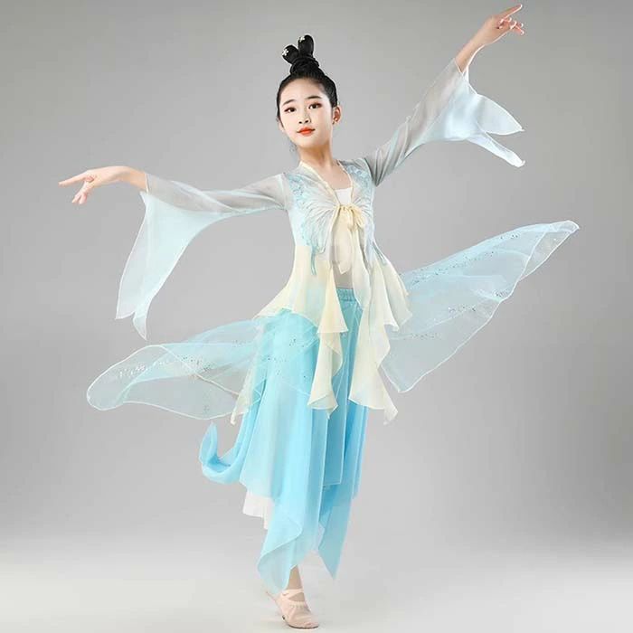 古典ダンス衣装 女の子 子供 上下3点セットアップ キッズ 古典舞踊 中華民族ダンスウェア 演目衣裳 長袖 紗ブラウス 大きい蝶の刺しゅう スカート風ワイドパンツ 飄逸 中華ダンス 衣装 発表会 演出服 舞台ステージ衣装 学園祭 文化祭 団体演出服 120 130 140 150 160 170cm