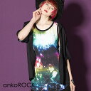 ankoROCK アンコロック ロング タンクトップ メンズ カットソー レディース ワンピース ユニセックス 服 ブランド ノースリーブ ロング丈 大きいサイズ ビッグシルエット 黒 ブラック 宇宙柄 ギャラクシー プリント その1