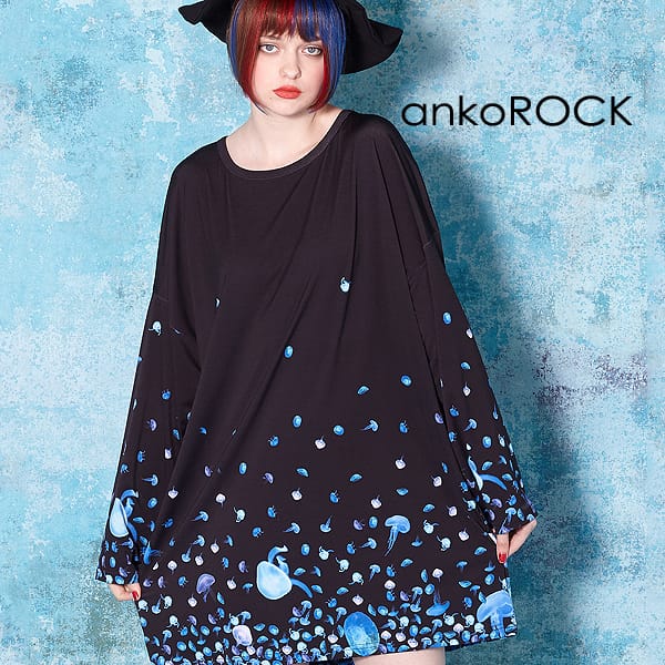 ankoROCK アンコロック ロングTシャツ メンズ カットソー レディース ロンT ワンピース ユニセックス 服 ブランド 長袖 長袖Tシャツ 大きいサイズ ビッグシルエット オーバーサイズ 黒 ブラック プリント バラバラ クラゲ