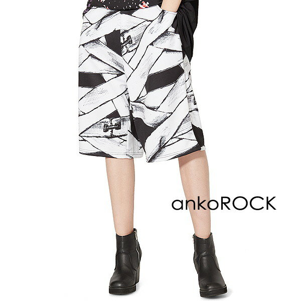 楽天ankoROCKankoROCK アンコロック ボトムス メンズ パンツ レディース ハーフパンツ ユニセックス 服 ブランド ショートパンツ ひざ下 大きいサイズ ビッグシルエット 黒 ブラック プリント 包帯