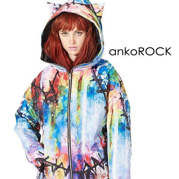 ankoROCK アンコロック ネコ耳 中綿 ジャケット ダウン メンズ 猫耳 レディース ねこ耳 ユニセックス 服 ブランド 長袖 ロング丈 大きいサイズ ビッグシルエット オーバーサイズ パーカー カラフル ゾンビ