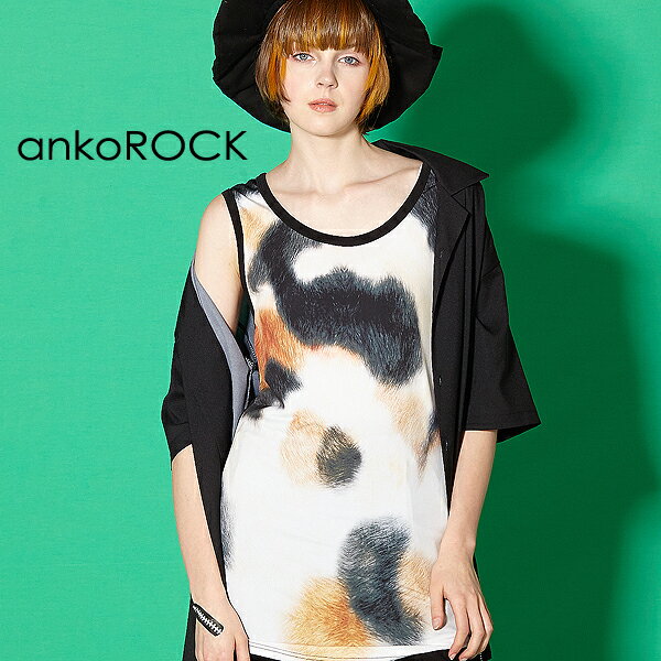 ankoROCK アンコロック ロング タンクトップ メンズ カットソー レディース ワンピース ユニセックス 服 ブランド ノースリーブ ロング丈 大きいサイズ ビッグシルエット プリント 猫 総柄 その1