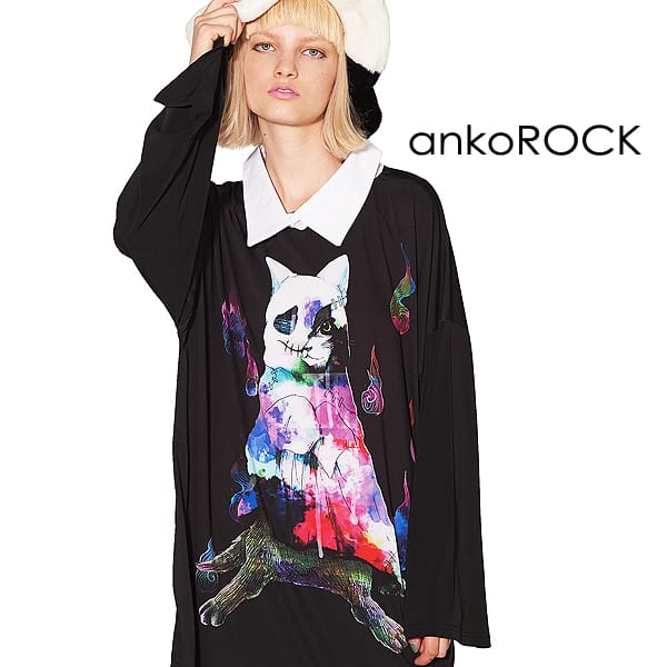 ankoROCK アンコロック シャツ Tシャツ トップス カットソー メンズ レディース 原宿系 ユニセックス 服 ブランド 長袖 ロング丈 襟 大きいサイズ ビッグシルエット プリント 黒 猫 オバケ