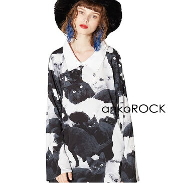 ankoROCK アンコロック ロングTシャツ メンズ カットソー レディース ロンT ワンピース ユニセックス 服 ブランド 長袖 長袖Tシャツ 襟 襟付き 大きいサイズ ビッグシルエット オーバーサイズ モノクロ 黒 ブラック プリント 猫 柄