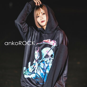 ankoROCK アンコロック パーカー メンズ プルオーバー レディース ユニセックス 服 ブランド 長袖 ロング丈 プルパーカー プリント ねこ 猫 ネコ 大きいサイズ ビッグシルエット オーバーサイズ 黒 ブラック ホラー お化け おばけ