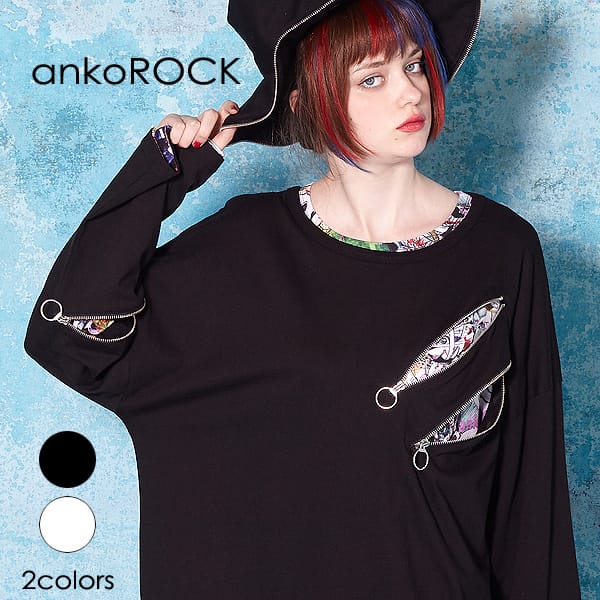 Ankorock アンコロック Tシャツ メンズ カットソー ワンピース ビッグtシャツ レディース ユニセックス 服 ブランド 長袖 ロング丈 ロンt クルーネック 大きいサイズ ビッグシルエット オーバーサイズ アシンメトリー リングジップ 黒 ブラック 白 ホワイト 日本代購