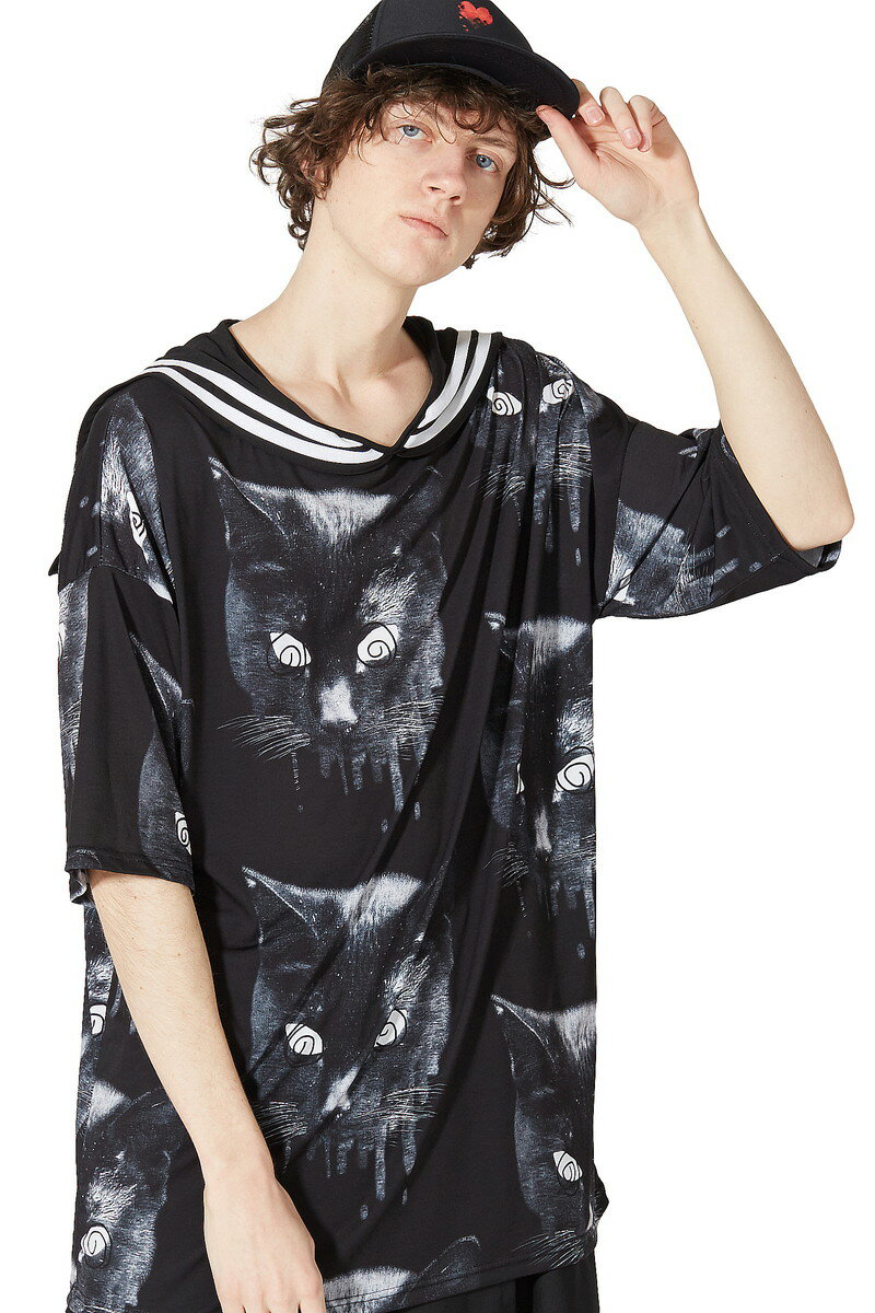 ankoROCK アンコロック ビッグ Tシャツ メンズ カットソー レディース ワンピース セーラー ユニセックス 服 ブランド 半袖 大きいサイズ ビッグシルエット セーラー服 モノクロ 黒 ブラック プリント 猫