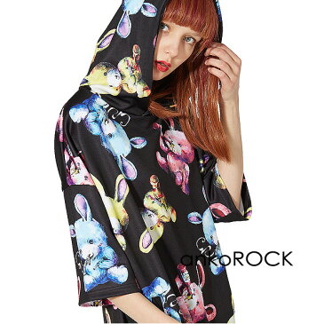 ankoROCK アンコロック メンズ パーカー レディース カットソー ユニセックス 服 ブランド 半袖 大きいサイズ ビッグシルエット 黒 ブラック プリント うさぎ ウサギ ぬいぐるみ