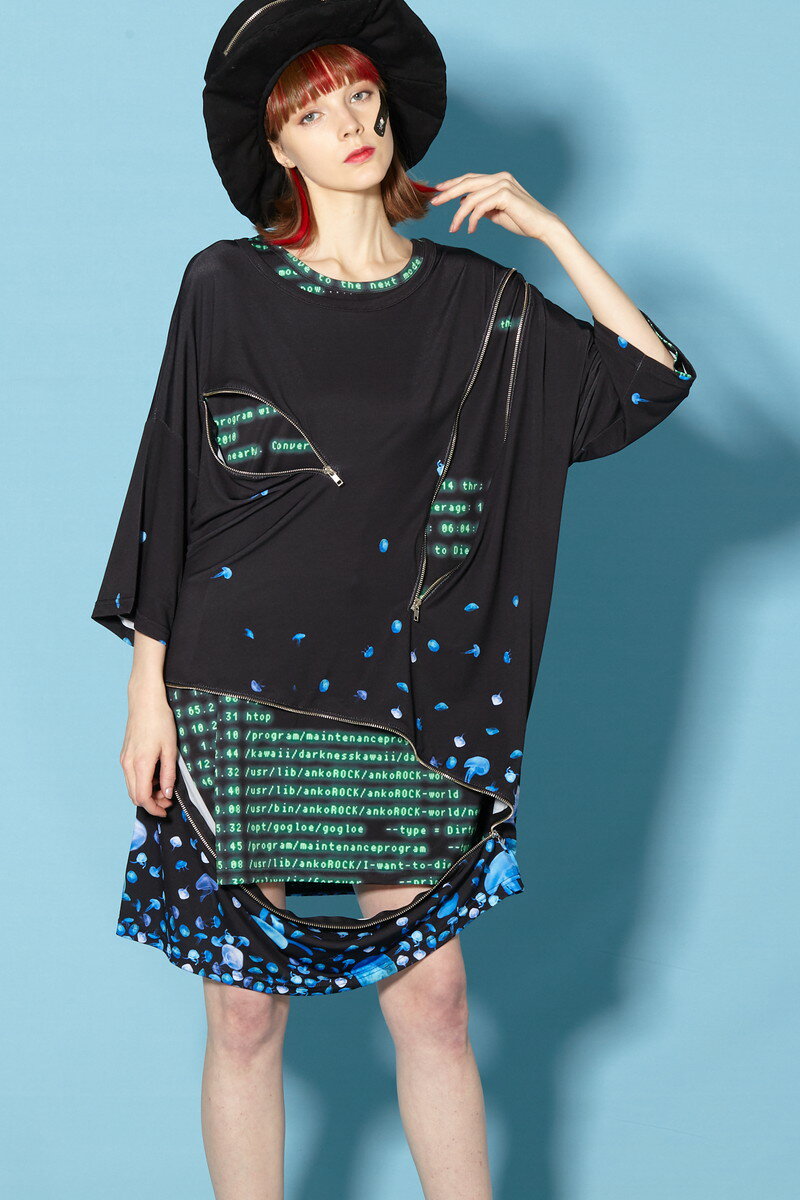 ankoROCK アンコロック ビッグ Tシャツ メンズ カットソー レディース ワンピース ユニセックス 服 ブランド 半袖 大きいサイズ ビッグシルエット 黒 ブラック プリント バラバラ クラゲ