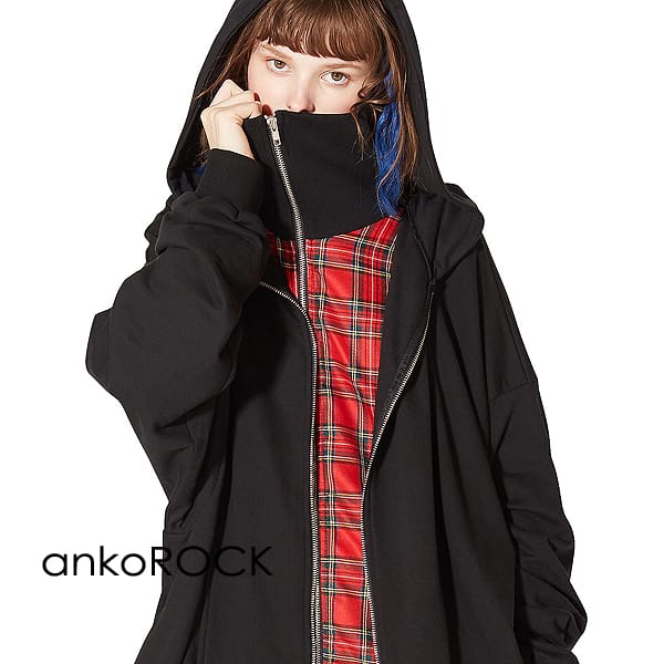 ankoROCK アンコロック パーカー メンズ トップス レディース ワンピース ユニセックス ジップ 服 ブランド 長袖 ロング丈 フェイクレイヤード 重ね着風 大きいサイズ ビッグシルエット 黒 ブラック 赤 レッド タータン チェック 柄