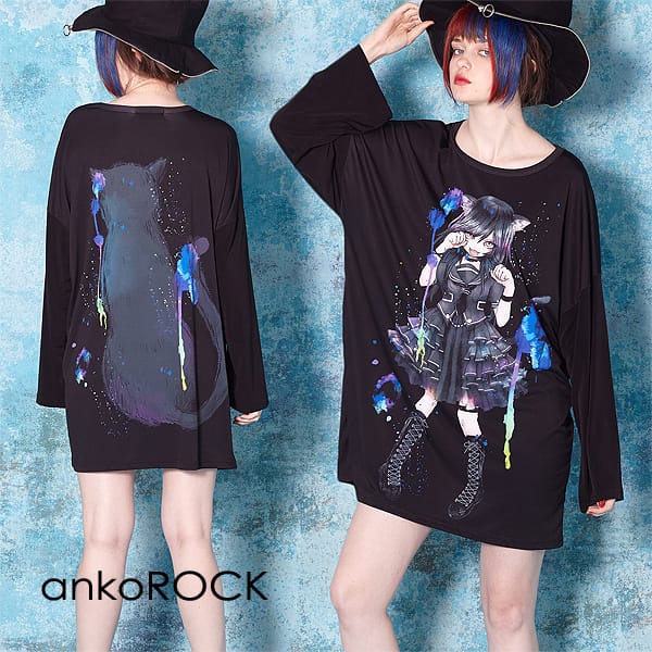 ankoROCK アンコロック ロングTシャツ メンズ カットソー レディース ロンT ワンピース ユニセックス 服 ブランド 長袖 長袖Tシャツ 大きいサイズ ビッグシルエット オーバーサイズ 黒 ブラック プリント 女の子 ガール 黒猫