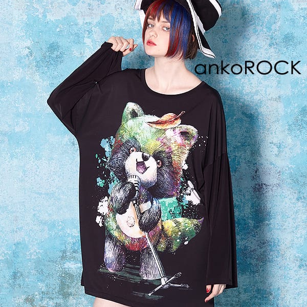 ankoROCK アンコロック レディース カットソー オーバーサイズ メンズ ビッグTシャツ ビッグシルエット ロンT ロングTシャツ タヌキ たぬき