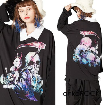 ankoROCK アンコロック ロングTシャツ メンズ カットソー レディース ロンT ワンピース ユニセックス 服 ブランド 長袖 長袖Tシャツ 襟 襟付き ビッグシルエット オーバーサイズ 黒 ブラック プリント ハロウィン ホラー 死神 猫