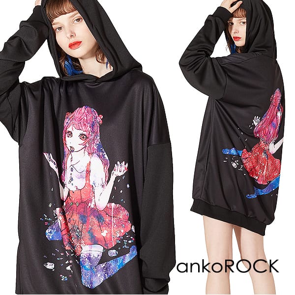 Ankorock アンコロック パーカー メンズ プルオーバー レディース ユニセックス 服 ブランド 長袖 ロング丈 プルパーカー ガールズプリント 大きいサイズ ビッグシルエット オーバーサイズ 黒 ブラック 女の子 日本代購流行生活代購館 Myjp 日本代購