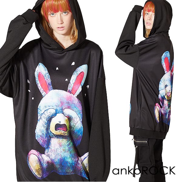 ankoROCK アンコロック パーカー メンズ プルオーバー レディース ユニセックス 服 ブランド 長袖 ロング丈 プルパーカー プリント うさぎ かわいい 大きいサイズ ビッグシルエット オーバーサイズ 黒 ブラック 動物 ウサギ