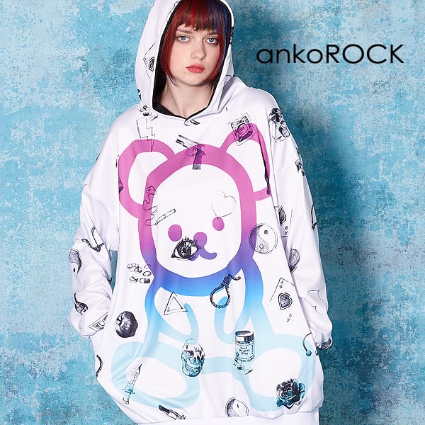 ankoROCK アンコロック パーカー メンズ プルオーバー レディース ユニセックス 服 ブランド 長袖 ロング丈 プルパーカー プリント くま 熊 クマ かわいい 大きいサイズ ビッグシルエット オーバーサイズ 白 ホワイト テディベア