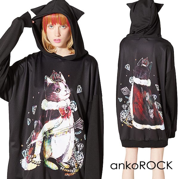 ankoROCK アンコロック ネコ耳 猫耳 パーカー メンズ レディース ワンピース ユニセックス プルオーバー 服 ブランド 長袖 ロング丈 大きいサイズ ビッグシルエット オーバーサイズ 黒 ブラック プリント ハロウィン ホラー 猫