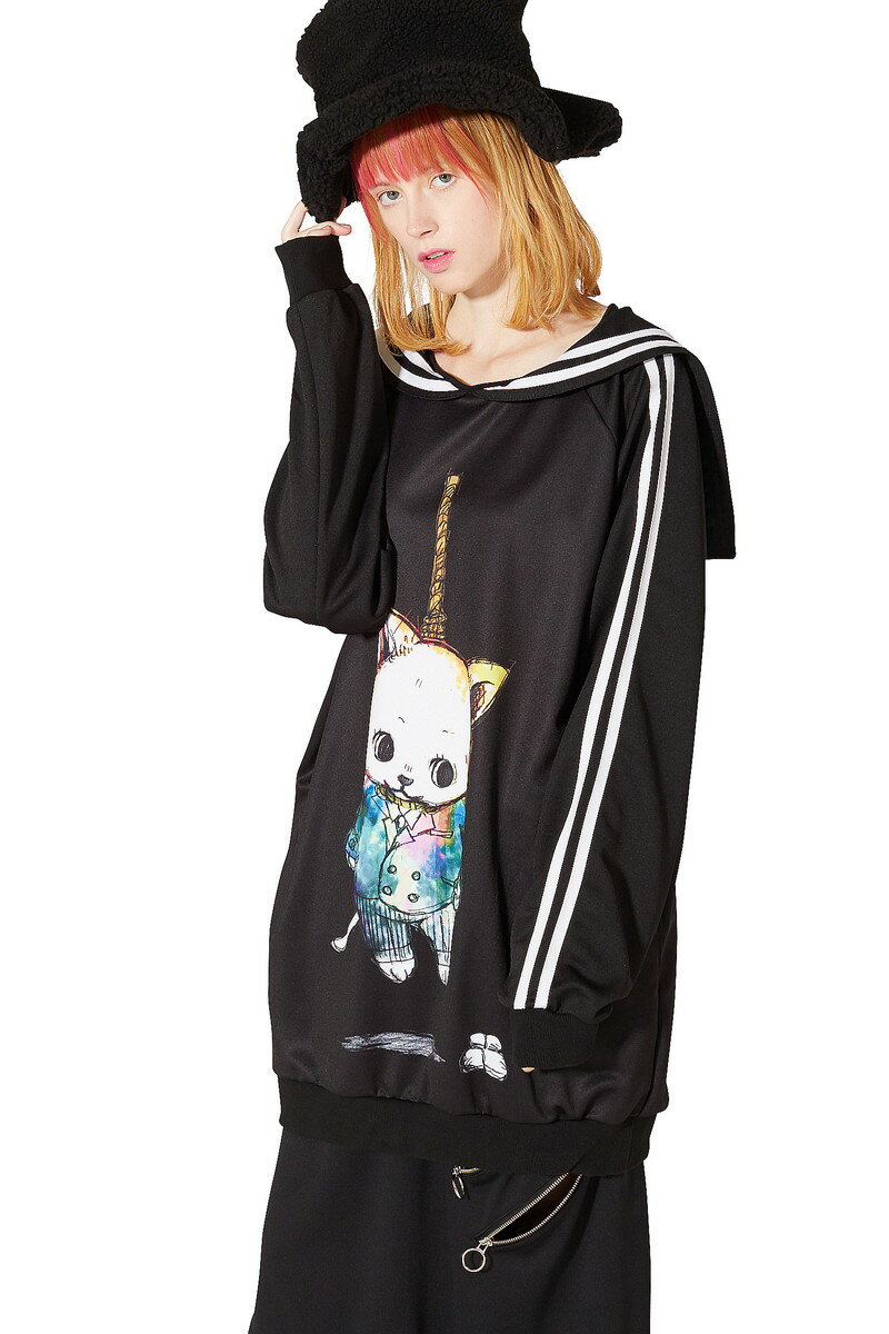 ankoROCK アンコロック ロングTシャツ メンズ カットソー レディース ロンT ワンピース ユニセックス 服 ブランド 長袖 長袖Tシャツ セーラー 大きいサイズ ビッグシルエット オーバーサイズ 黒 ブラック プリント 猫 ライン