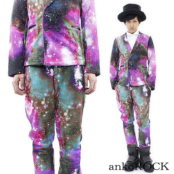 ankoROCKピンクカクテルギャラクシースーツセットアップ -タイト＆ナード- / メンズ 宇宙柄スーツ レディース コスモ柄 セットアップ 派手 ダブルテーラードジャケット 個性的 スキニーパンツ 銀河柄 上下セット ダブルジャケット サルエルパンツ スペース柄 アンコロック