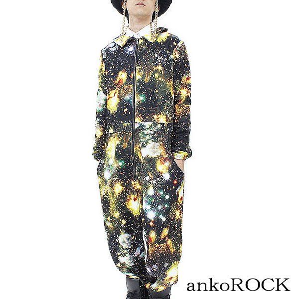 ankoROCKイエローバナナギャラクシーツナギ / メンズ 宇宙柄つなぎ レディース コスモ柄 派手 オールインワン 個性的 銀河柄 スペース柄 ツナギ カラフル 宇宙柄オールインワン カバーオール ギャラクシー柄 黄色 ロックファッション アンコロック 原宿系 ファッション