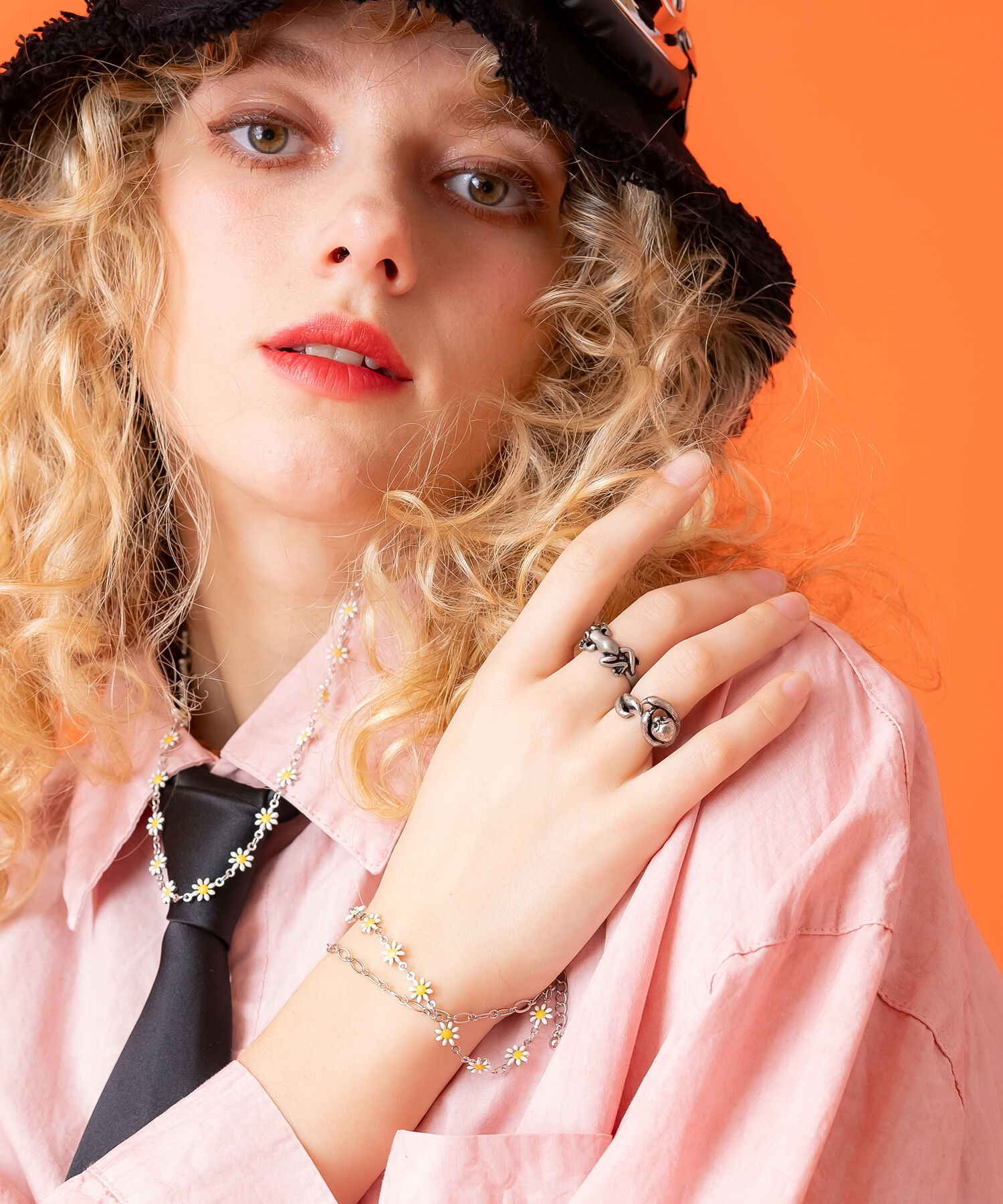Rakuten - an meets zakka フラワーメタル2コンビチェーンフラワーブレスレット / ユニセックス メンズ レディース お花 ゴールド シルバー ガンメタ ジュエリー バングル